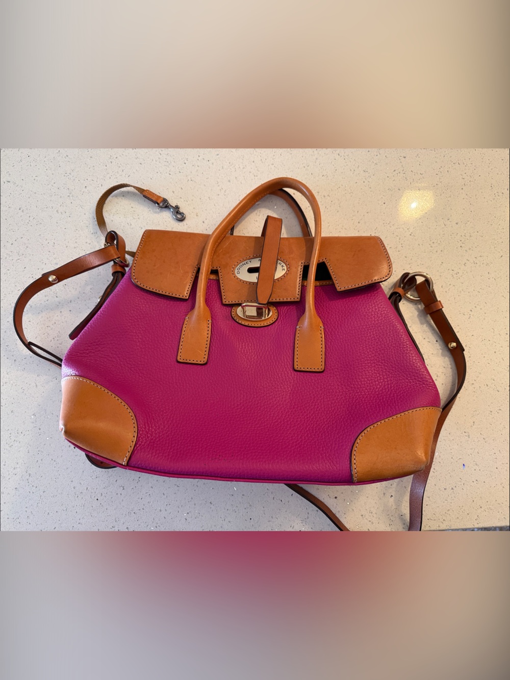 Dooney & Bourke Pink and Tan Leather Satchel - Picture 1 of 12